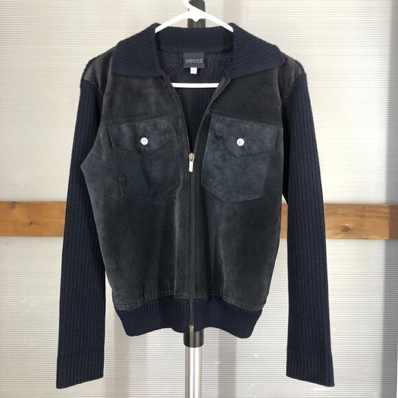 Versace JEANS‎ COUTURE VTG Wool Blend Knit Suede Leather Navy Jacket Sz S - Picture 1 of 16
